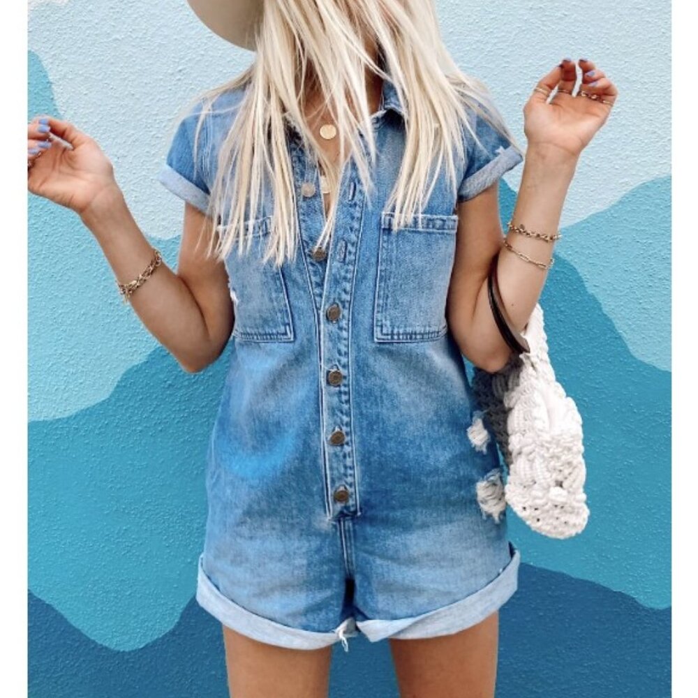 Show Me Your Mumu Women's Denim Ranger Romper Large Distressed Button-Up